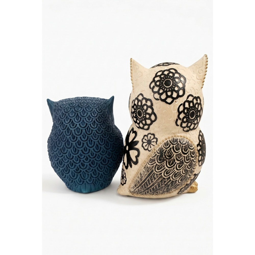 Modern Decorative Owl Figurine Set Cream Blue Gold Textured Boho Home Decor 2pc - Picture 4 of 4